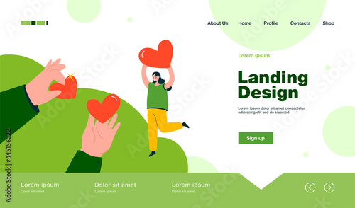 Hand giving hearts to happy woman isolated flat vector illustration. Cartoon metaphor of generosity as donation support and sharing love. Charity project, assistance and solidarity foundation concept