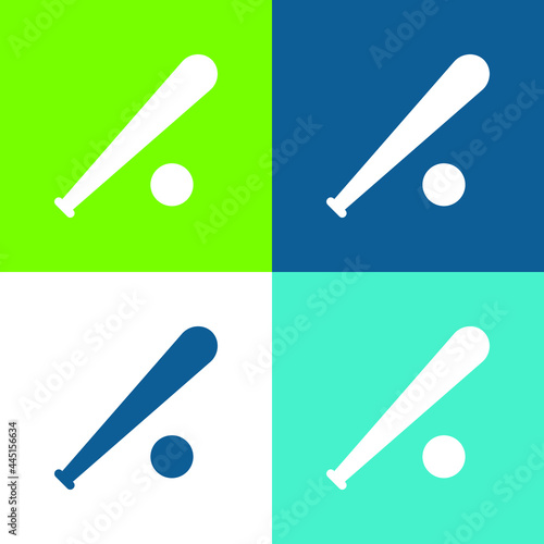 Baseball Bat And Ball Flat four color minimal icon set