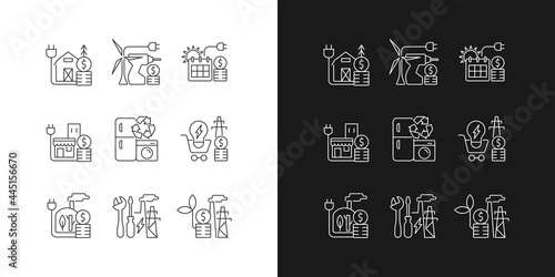 Electrical energy cost linear icons set for dark and light mode. Appliance recycling program. Utility service. Customizable thin line symbols. Isolated vector outline illustrations. Editable stroke