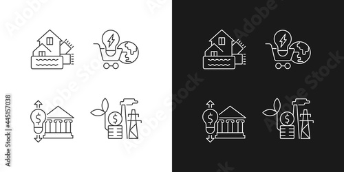Renewable electrical energy linear icons set for dark and light mode. Weatherization of house. Global market. Customizable thin line symbols. Isolated vector outline illustrations. Editable stroke
