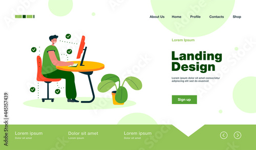 Man showing correct position for sitting at desk flat vector illustration. Cartoon man sitting on chair and using computer. Ergonomic work in office and healthy posture concept