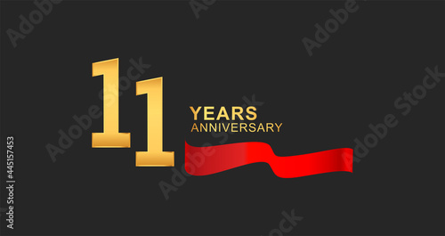 11th anniversary design logotype golden color with red ribbon elegant design for anniversary celebration