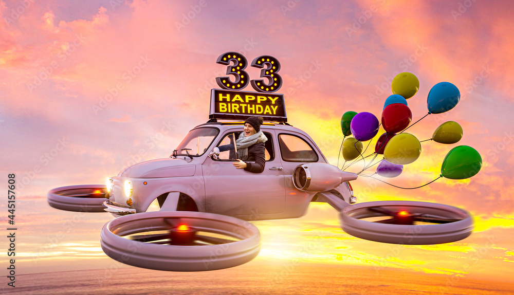 33 Jahre – Geburtstagskarte mit fliegendem Auto