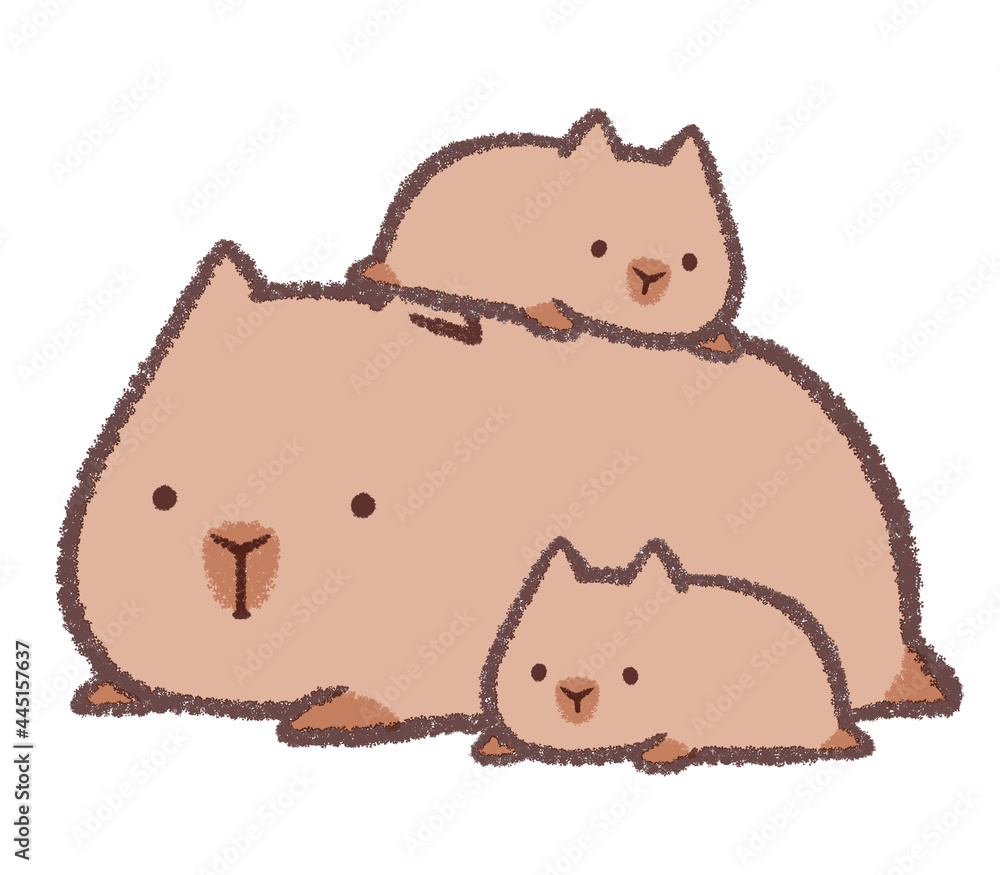 寝そべるカピバラ親子2