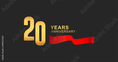 20th anniversary design logotype golden color with red ribbon elegant design for anniversary celebration