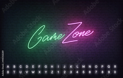 Game Zone neon template. Glowing Game Zone vector lettering design