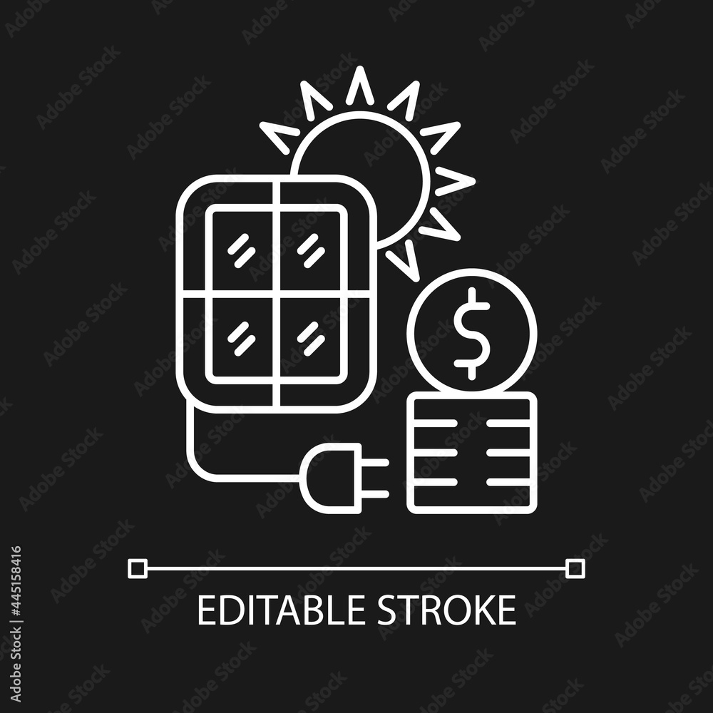 Solar energy price white linear icon for dark theme. PV panels for sun power generation. Thin line customizable illustration. Isolated vector contour symbol for night mode. Editable stroke Solar energy price white linear icon for dark theme. PV panels for sun power generation. Thin line customizable illustration. Isolated vector contour symbol for night mode. Editable stroke