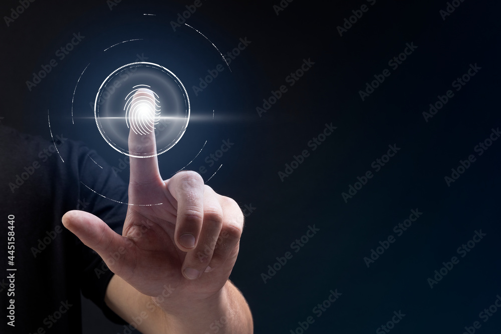 Biometric technology background with fingerprint scanning system on virtual screen digital remix Biometric technology background with fingerprint scanning system on virtual screen digital remix