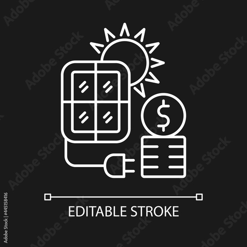 Solar energy price white linear icon for dark theme. PV panels for sun power generation. Thin line customizable illustration. Isolated vector contour symbol for night mode. Editable stroke