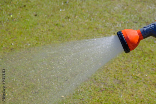 Water spraying of a garden grassfield photo