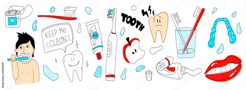 Dental care doodle set. Simple tooth care illustration. tools for Healthy teeth. Floss and toothbrush. everyday routine. trendy set of elements. 