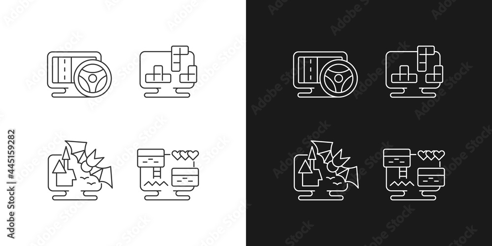 Life simulator games types linear icons set for dark and light mode. Vehicles controlling games. Customizable thin line symbols. Isolated vector outline illustrations. Editable stroke