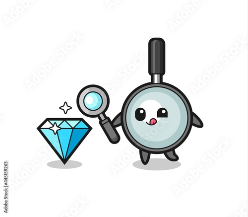 magnifying glass mascot is checking the authenticity of a diamond
