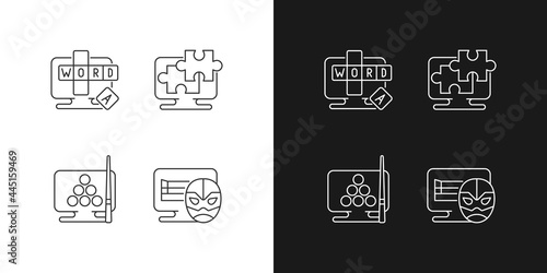 Intellectual game types linear icons set for dark and light mode. Online word guessing game. Customizable thin line symbols. Isolated vector outline illustrations. Editable stroke