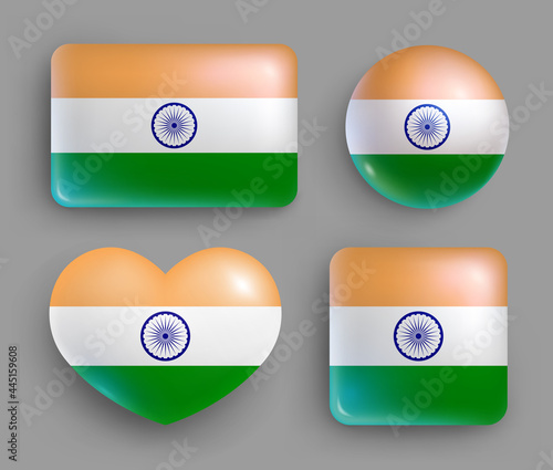 Free Download Set of glossy buttons with India country flag. South Asia country national flag, shiny geometric shape badges. India symbols in patriotic colors realistic vector illustration - GFXLoad