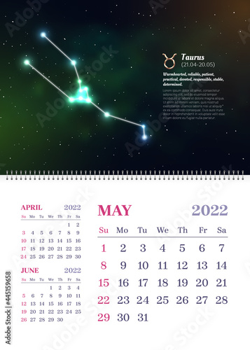 Wall zodiac calendar for May in vertical format. 2022 scheduler, planner, stationery organizer, week starts Sunday. Taurus constellation astrological symbol on dark blue starry background