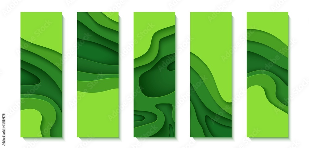 Set of green flyers in paper cut style. Collection of vertical banners ...