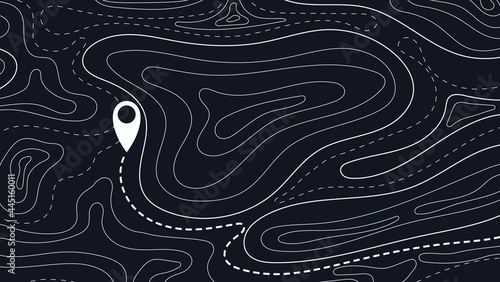 Topographic map and direction marker abstract background. Outline cartography landscape. Topographic relief map. Modern cover design with wavy lines. Vector card with weather map outline pattern.