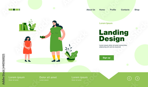 Grandmother mother giving candy to daughter. Female cartoon character rewarding child with sweets flat vector illustration. Family concept for banner, website design or landing web page