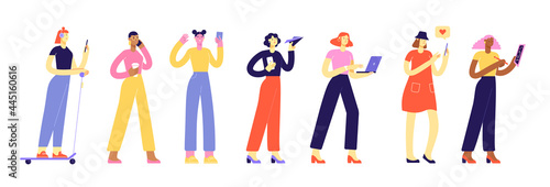 Vector collection of business female characters. Modern women. Popular specialties: programmer, designer, marketer, SMM, SEO specialist. Illustration in flat design, isolated 