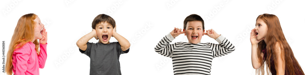 Art collage made of portraits of little and happy kids isolated on white studio background. Human emotions, facial expression concept Art collage made of portraits of little and happy kids isolated on white studio background. Human emotions, facial expression concept