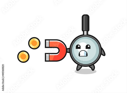 the character of magnifying glass hold a magnet to catch the gold coins