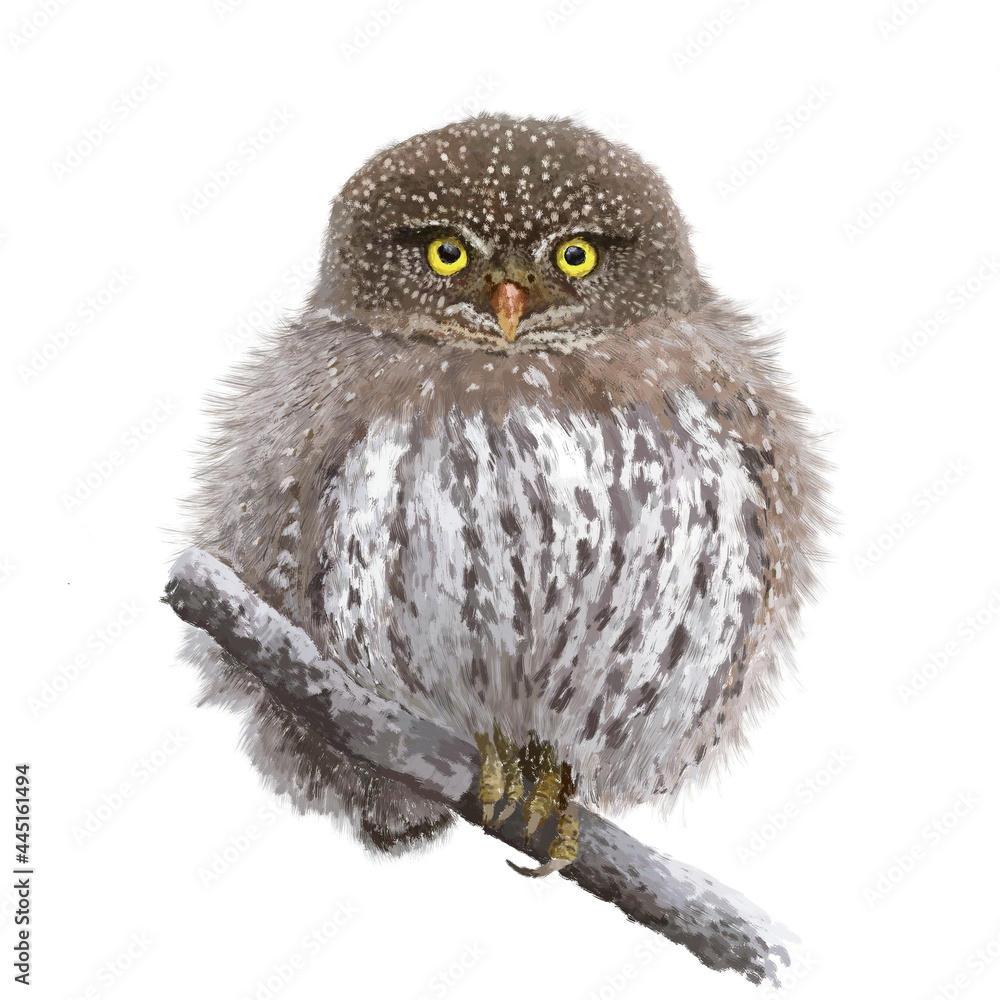 Obraz premium The northern pygmy owl (Glaucidium californicum), beautiful bird on the branch, hand drawn isolated on a white background. Animal for a diy project, printing on fabric, stickers or posters.