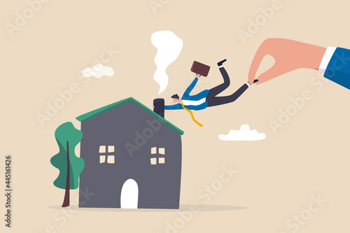 Company request employee back to work in the office in post pandemic, stop work from home concept, big boss hand pulling employee from home back to work in office.
