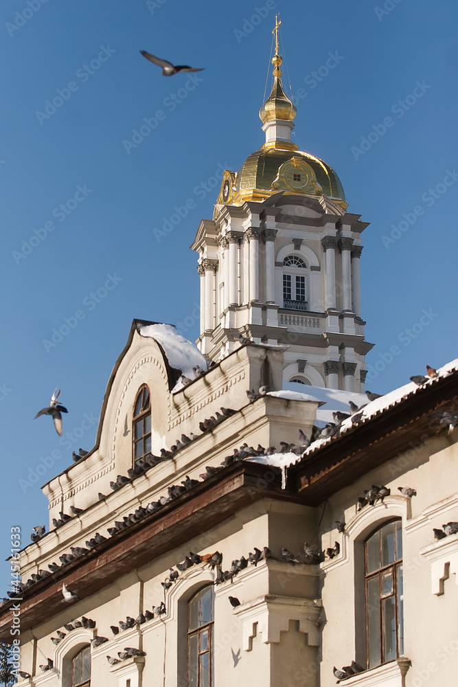Bell tower and Assumption Cathedral of the Holy Dormition Pochayiv Lavra, Pochayiv, Ukraine. January 2009