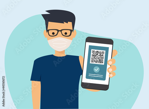 Vaccinated man using digital health passports. Immunization certificate with qr code on device screen