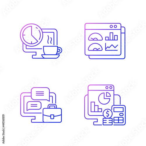 Work tracking gradient linear vector icons set. Coffee, lunch break for employee. Work monitoring tools. Thin line contour symbols bundle. Isolated vector outline illustrations collection