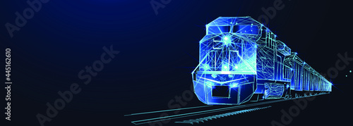 Locomotive. Third party logistics, train, transport, cargo export, import. Integrated warehousing and transportation operation service. Train delivery. Digital polygonal low poly 3d illustration, land