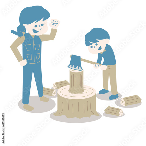 キャンプ場で薪割りをする親子のアイソメ