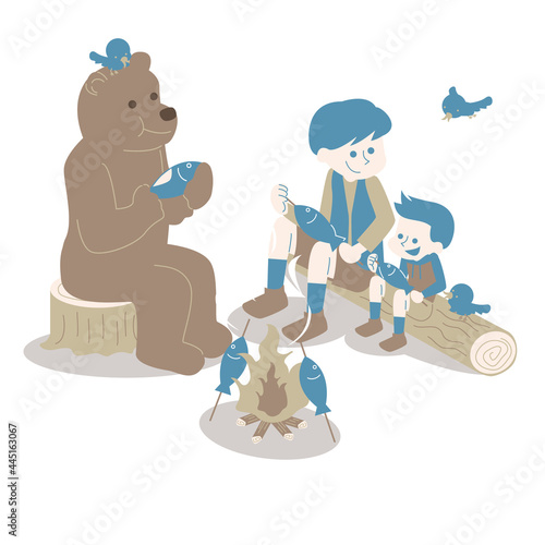一緒に魚を焼いて食べている親子とくまのアイソメ