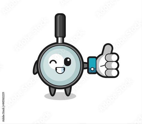 cute magnifying glass with social media thumbs up symbol