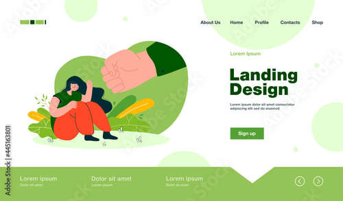 Huge fist threatening sad woman. Man abusing female character flat vector illustration. Domestic violence, family abuse, discrimination concept for banner, website design or landing web page