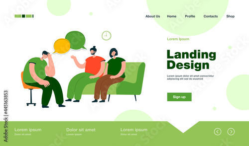 Depressed people counseling with psychologist isolated flat vector illustration. Cartoon characters talking with doctor on psychotherapist sessions. Group therapy and support concept