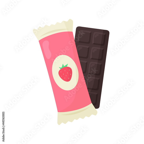 Strawberry chocolate bar isolated on white background. Vector illustration