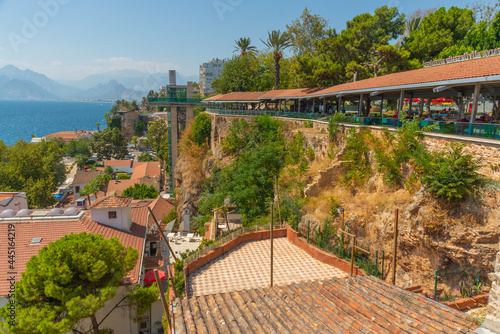 ANTALYA, TURKEY: Beautiful top view of the cafe, the Mediterranean Sea and the mountains in Antalya.