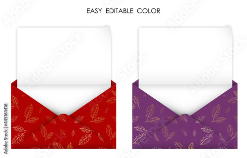realistic open gold red envelope with blank sheet of paper inside. Detailed congratulatory template. Japanese, leaf ornament on envelope. Vector