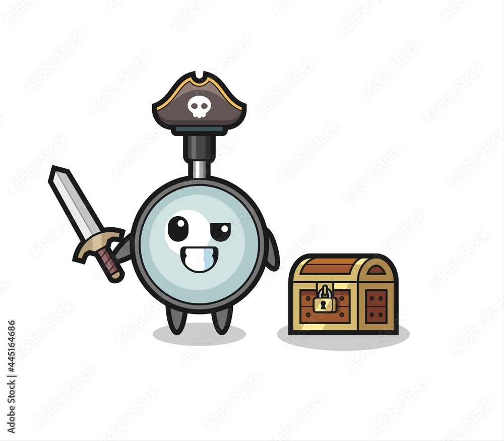 the magnifying glass pirate character holding sword beside a treasure box