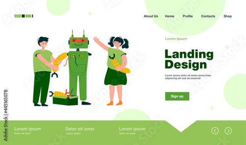 Happy children making robot for school project flat vector illustration. Cartoon students learning robotics with teacher. Engineering technology and education concept