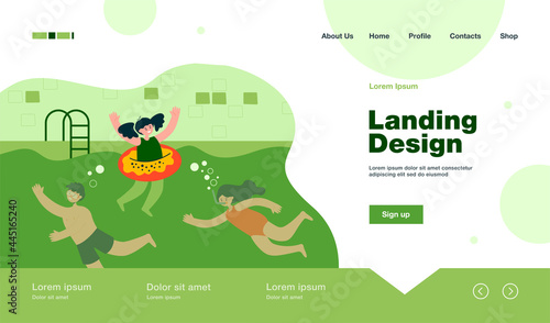 Cartoon children swimming in pool. Flat vector illustration. Happy boys and girls in swimwear playing in water. Fitness, vacation, summer, friendship concept for banner design or landing page