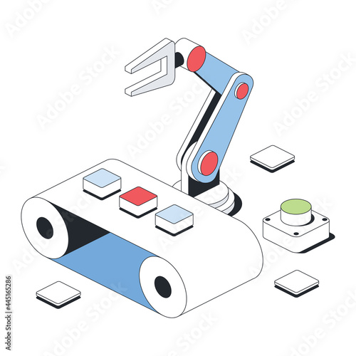Production line, assembly shop, robot arm. Vector 3d sketch line isometric, color icon illustration, flat style. Creative design idea and elements for infographics and website.