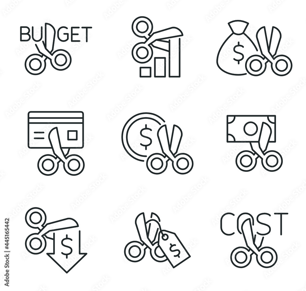 Cost cutting, budget cut line icons