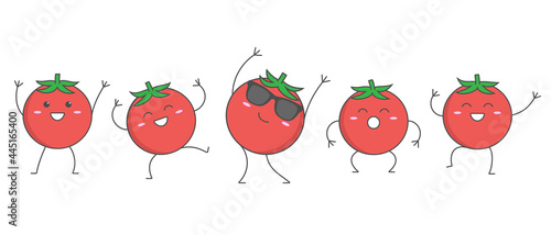 Character cartoon dancing tomatoes happy emotions set icon logo vector illustration.