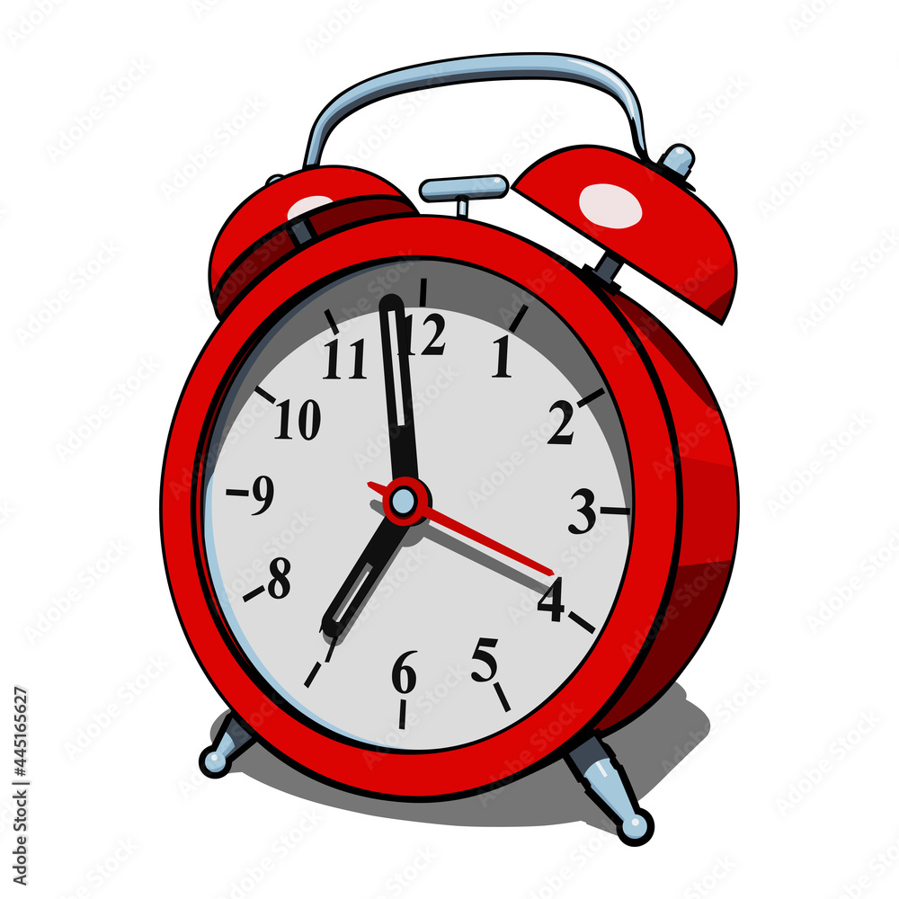 Red classic alarm clock with shadow isolated on white background. Semi realistic vector illustration Red classic alarm clock with shadow isolated on white background. Semi realistic vector illustration