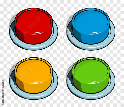 Big red, blue, orange and green push buttons set in comic cartoon style. Vector illustration isolated on transparent background