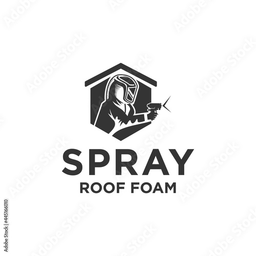 spray roof foam logo, a person wearing a helmet sprays the roof of the house