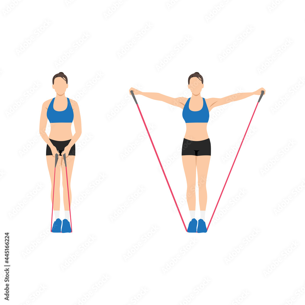 Woman doing Resistance band lateral raises. side raises exercise. Flat vector illustration isolated on white background Woman doing Resistance band lateral raises. side raises exercise. Flat vector illustration isolated on white background